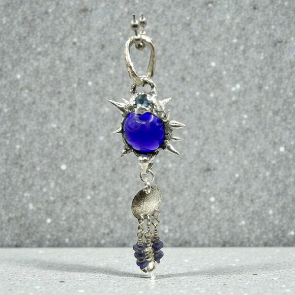 Artisan-Crafted Flail Pendant W/ Vintage Cobalt Glass Marble Quartz Lapis Lazuli - Picture 12 of 15